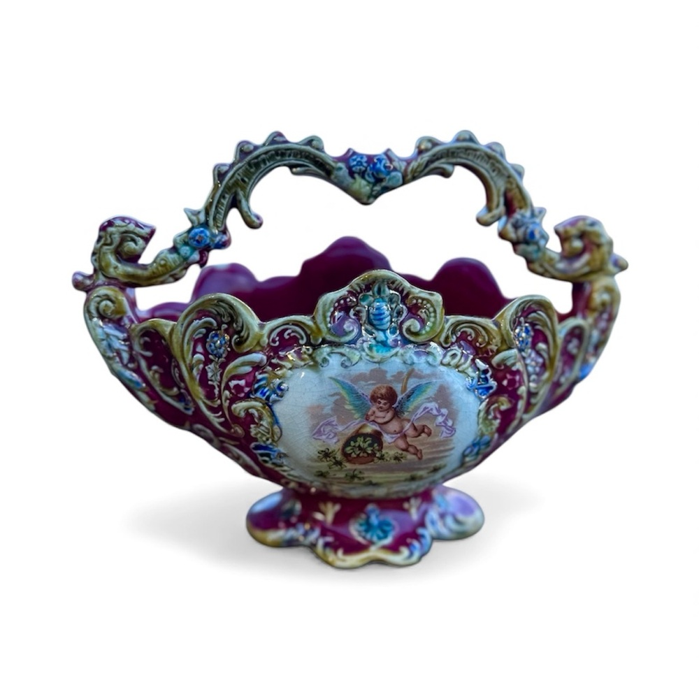 ANTIQUE MAJOLICA BASKET HANDLE VICTORIAN PORCELAIN FLOWER VASE CHERUB
